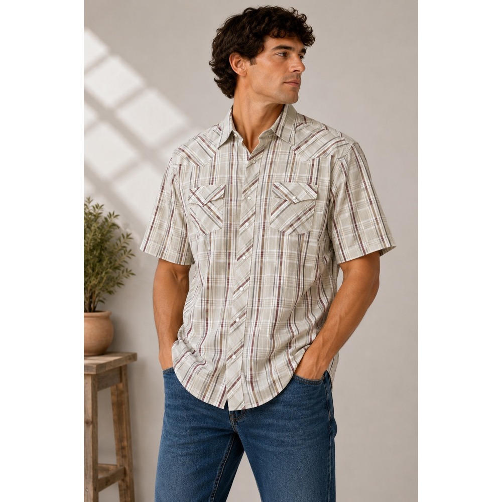 Wrangler Western Plaid Pearl Snap Short Sleeve Shirt X-Long Tall |B1